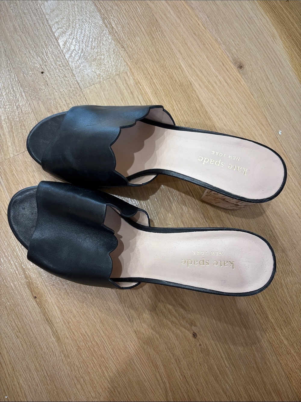 kate spade Black Scallop-Edge Slide Mules